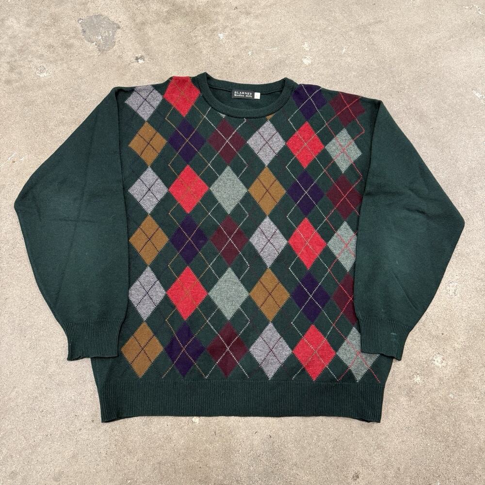 BLARNEY WOOLEN MILLS PURE NEW LAMBSWOOL ARGYLE SWEATER MENS XL GREEN
